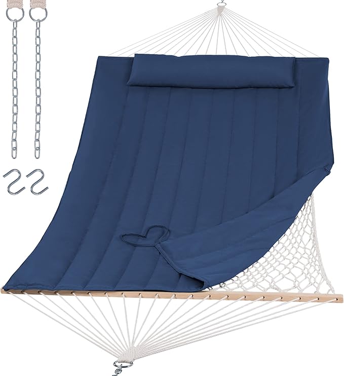 SUNCREAT Hammocks Outdoor Double Hammock with Hardwood Spreader Bar 475 lbs Capacity Heavy Duty 15 FT Hammock with Large Soft Pillow Dark Blue