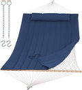 SUNCREAT Hammocks Outdoor Double Hammock with Hardwood Spreader Bar 475 lbs Capacity Heavy Duty 15 FT Hammock with Large Soft Pillow Dark Blue