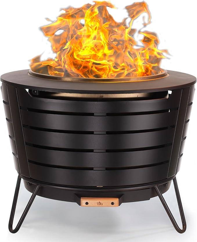 TIKI Patio Smokeless Outdoor Fire Pit 25-Inch Wood-Burning Bonfire with Removable Ash Pan Stand and Weather-Resistant Cover