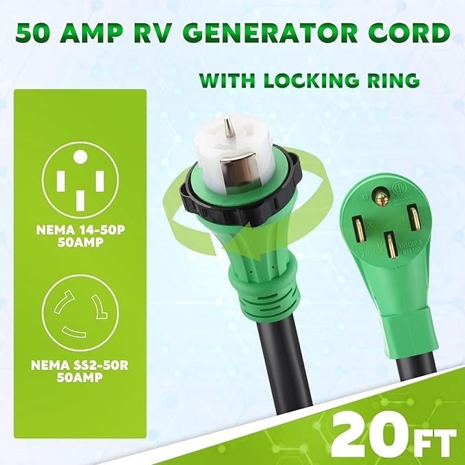 Gisafai 50 Amp 20FT Generator Cord and Pre Drilled Power Inlet Box Compatible with NEMA 14-50P to SS2-50R 125/250V Locking Connector with SS2-50P Generator Inlet Box to House ETL Listed