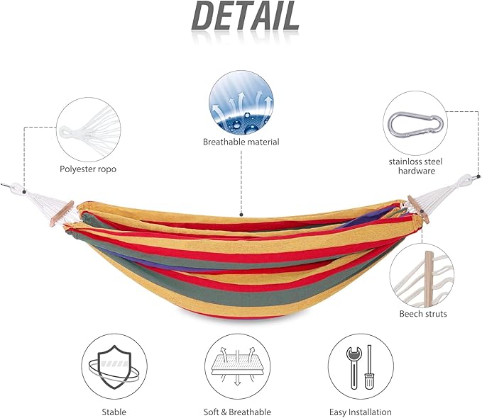 Cotton Hammock with Spreader BarPortable Camping Hammock with Travel BagTree Straps KitPerfect for GardenPatio and Backyard