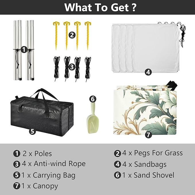 Elegant Flowers White Beach Tent Sun Shelter Set UPF50+ UV Protection 10.5 x 9.19 FT Camping Shade Canopy with Sandbags Sand Anchors Carrying Bag and Others