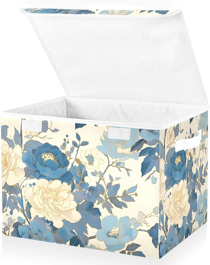 Blue White Peony Lidded Storage Bins with Handles - 16.5x12.6x11.8 Foldable Organizing Box Oxford Fabric &amp Honeycomb Board Dust-Proof Flip Lid for Closet/Office