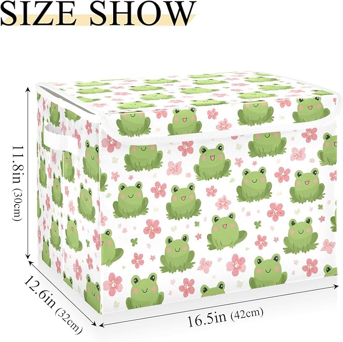 MNSRUU Containers Baskets with Lids Frog Pink Flowers Fabric Foldable Storage Bins Organizer with Lid Collapsible Storage Boxes for Home Bedroom Closet Office