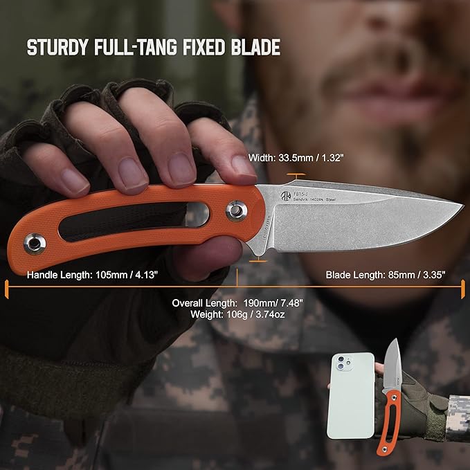 Ruike Survival Hunting EDC Fixed Blade Knife With SheathSmall Lightweight14c28n Full-Tang Bushcraft BowieTactical Camping Gear For MenDefense Top Horizontal Stainless SteelCarry Kydex Blet F815