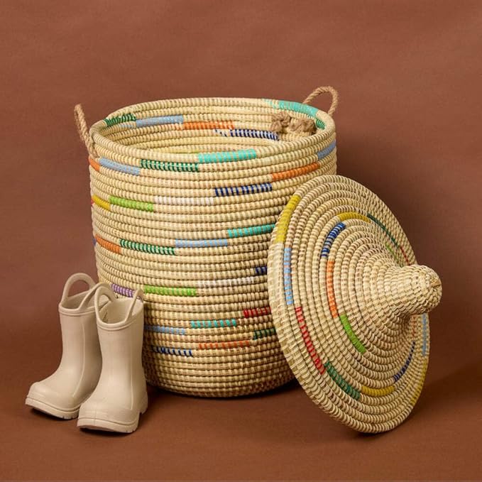 Small Laundry Basket Colorful Pattern on Beige 12 Wide 14 Tall