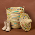 Small Laundry Basket Colorful Pattern on Beige 12 Wide 14 Tall