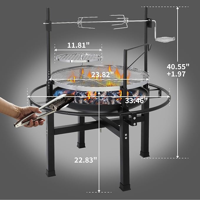 ROVSUN 33'' Outdoor Fire Pit with 2 Grills Wood Burning Round Firepit with Swivel Cooking Grate Removable Swivel Grill for Backyard Patio Picnic BBQ and Parties