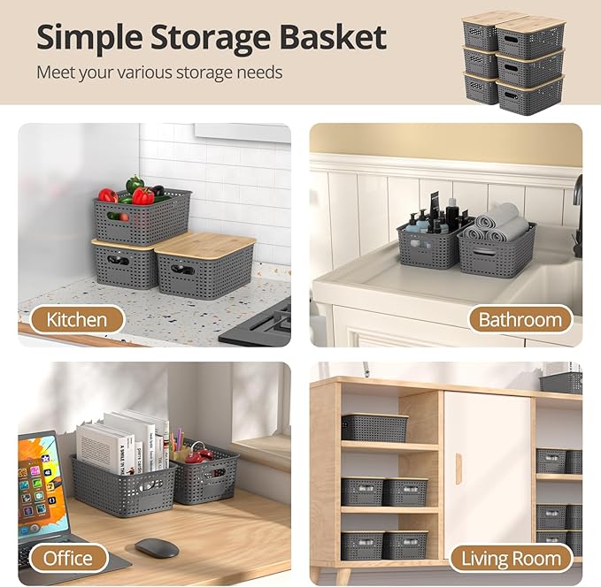 Plastic Storage Baskets with Bamboo Lids Stackable Small Box Bins for Organizing and Containers for Shelves Drawers Desktop Closet Pantry Classroom Office Home 6 Pack 10.2x7.2x4.1 Inch Gray