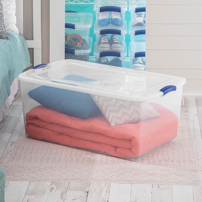 105 Qt. Plastic Storage Bin with Durable Lid Stackable and Nestable Clear Tote Container Featuring Blue Buckles Ideal for Organization and Storage Purposes (1-Pack)