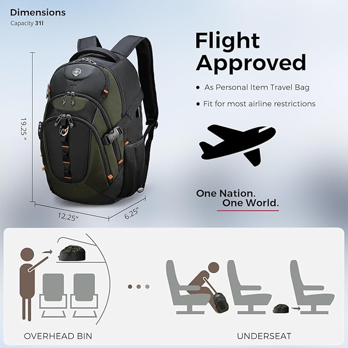 Swissdigital Design Laptop Backpack with USB Charging Port Travel Backpack Fits 15.6 inches Computer 31L College School Backpack for Men Olive/Black | SD803-26