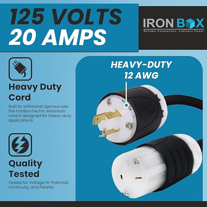 IronBox Electric NEMA L5-20P to 5-20R Power Cord Plug Adapter - 20A 125V12 AWG - UL Listed Heavy Duty Adapter Cable for Generator Data Centers Computers Outdoor Events &amp More (Custom Built 6