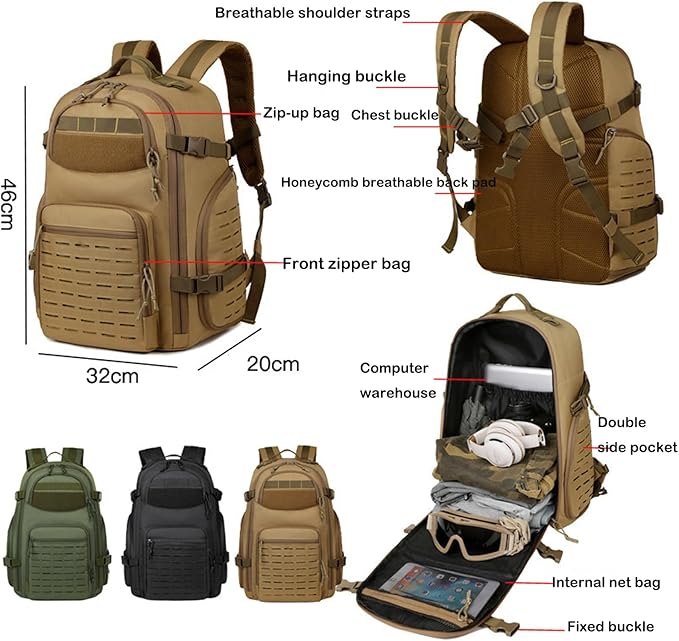 35l Military Tactical Backpack for Men Hiking Climbing Camouflage Cs Molle Multi-functional Tactical Cycling Rucksack (Khaki)