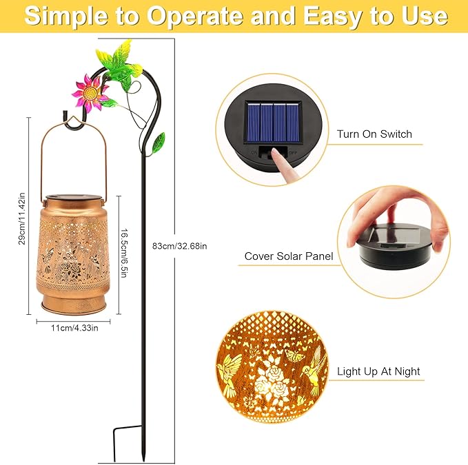 Hummingbird Rose Solar Lanterns Outdoor with Shepherd Hook Birthday Gift Mothers Day Gift for Women Mom Grandma Wife Daughter Waterproof Hanging LED Lights Decor for Yard Garden Patio Porch Lawn