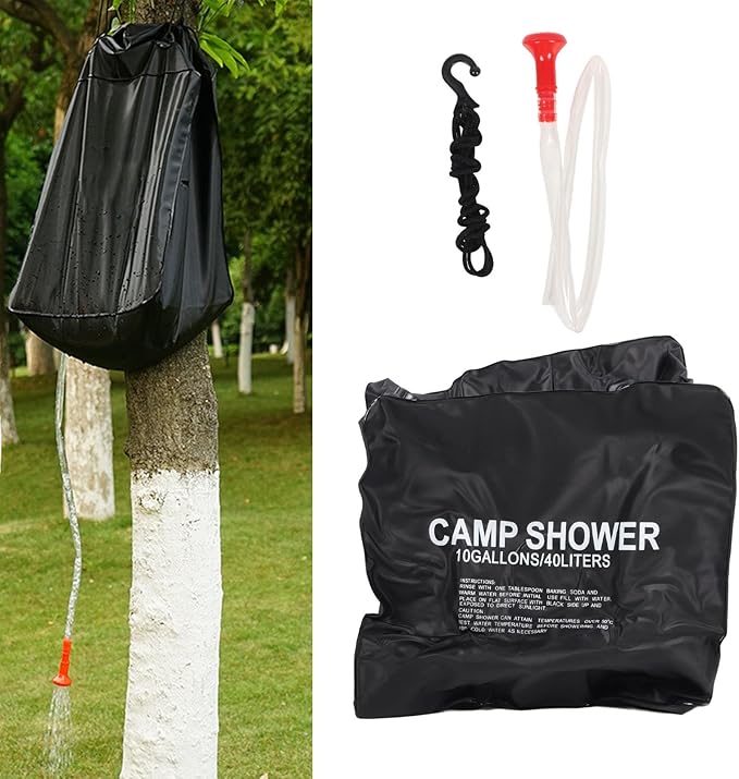 Solar Shower Bag 40L Portable Camping Shower Bag with Removable Hose PVC Thickened Solar Heating Shower Bag for Outdoor Hiking Beach Swimming Traveling Includes Rope and Hose