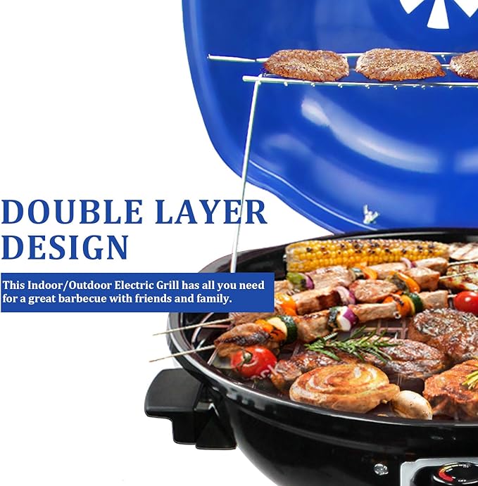 Electric BBQ Grill Techwood 15-Serving Indoor/Outdoor Electric Grill for Indoor &amp Outdoor Use Double Layer Design Portable Removable Stand Grill 1600W