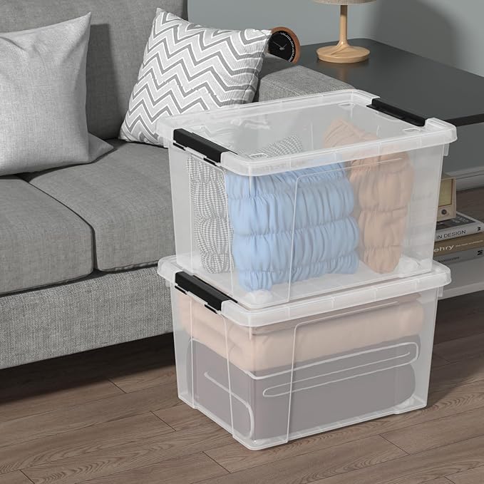 4-Pack Holiday Tote Plastic Storage Organizer Bins with Wheels 50 L Clear Stackable Organizing Containers for Home Garage and Office