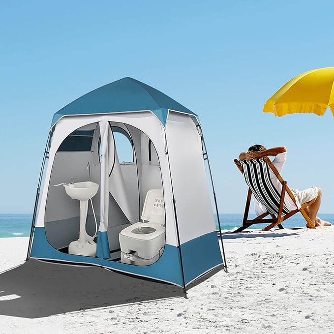 2 Room Shower Tent 7.5ft Changing Tent w/Mesh Pocket &amp Clothesline Large Instant Pop Up Privacy Tent Easy Set Up Camping Essentials Portable Shelter for Toilet Fishing Dressing Blue &amp