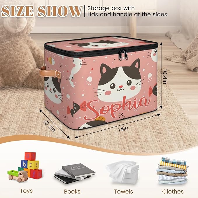 Custom Storage Basket with Name Personalized Storage Bins with Zipper Lid Foldable Fabric Storage Box Large capacity with Handle Cat Pink