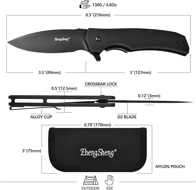 ZhengSheng Praxis Folding Pocket Knife 3.6 PVD Titanium Coating D2 Steel Blade Foldable Knife with G10 Handle Lightweight Camping Survival Hiking Knives