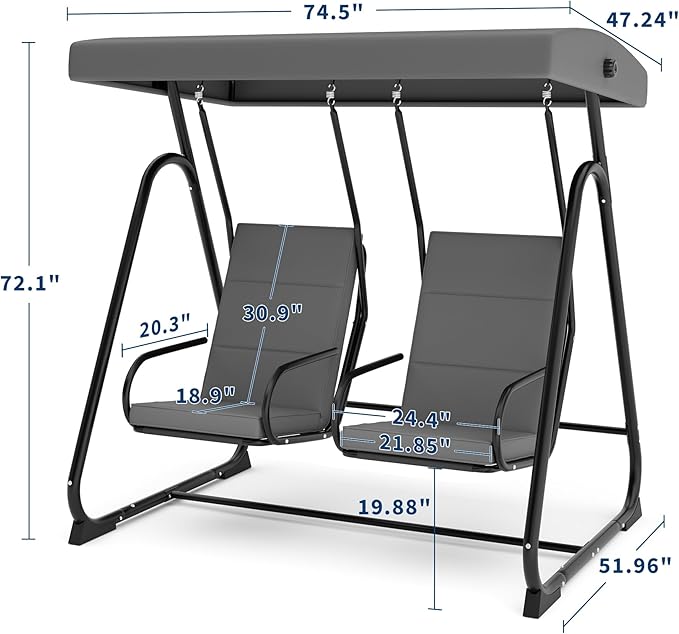 2-Person Patio Swing Chair with Adjustable Canopy - Heavy Duty Outdoor Swing Glider with Removable Cushions for Porch Garden Poolside &amp Backyard Relaxation Dark Grey
