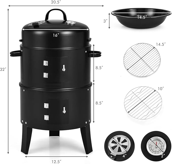 HAPPYGRILL 3-in-1 Charcoal Smoker Grill Outdoor Vertical Charcoal Smoker with Built-in Thermometer &amp Adjustable Vent System 2-Layer Separable BBQ Grills for Camping &amp Family Cooking
