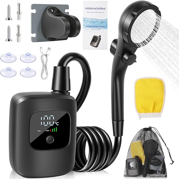 Portable Electric Outdoor Shower with Digital Display IPX8 Waterproof 3 Water Flow Modes Spray Gun Mode for Camping Car Washing Pet Bathing Garden Watering