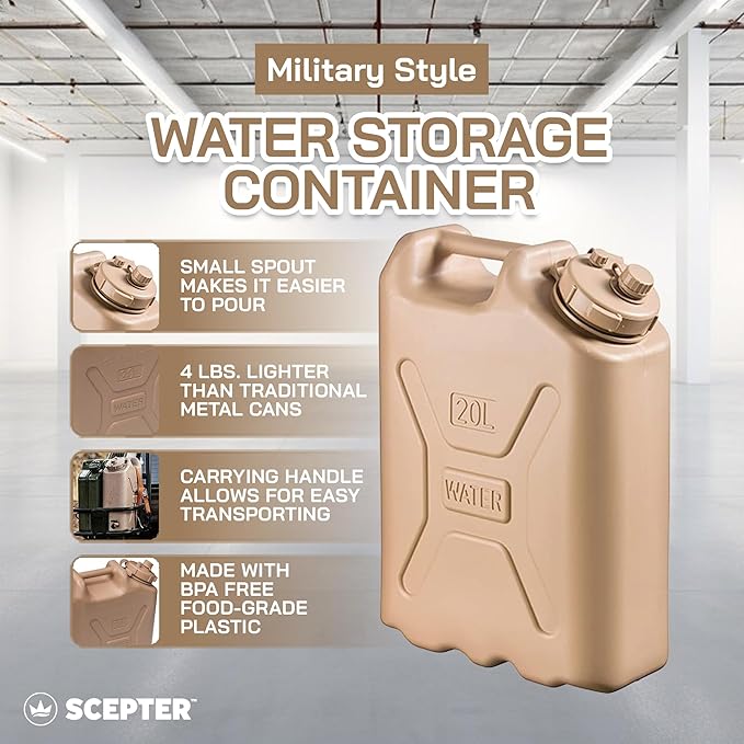 Scepter Portable Military Style Water Container for Camping and Outdoors 5 Gallon Sand - Heavy-Duty Plastic Beverage and Hydration Dispenser for Outdoor Trip
