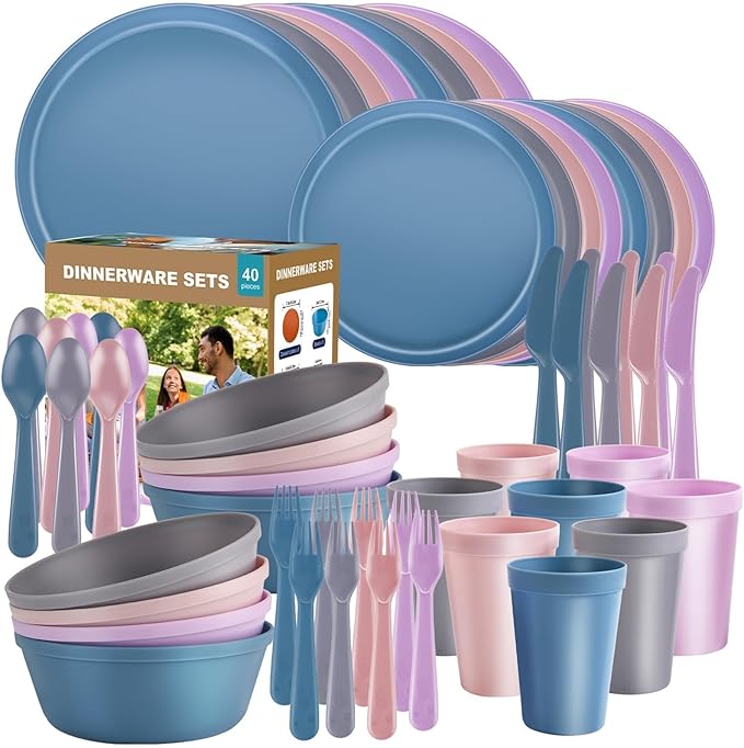 40 Piece Plastic Dinnerware Set for 8 with Cutlery Unbreakable Plates and Bowls Set Dishwasher &amp Microwave Safe Reusable Dish Set for Camping RV Outdoor Kitchen Apartment DiningPastel Multic