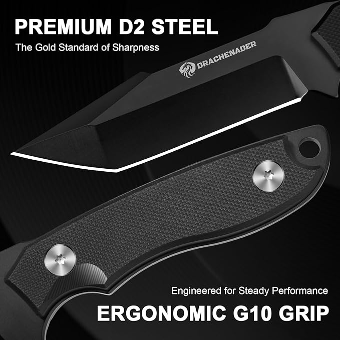 DRACHENADER Horizontal Carry Fixed Blade Knife 59-61 HRC D2 Steel Full Tang Tanto EDC Knife G10 Handle Kydex Sheath for Horizontal Scout Carry Tactical Outdoor Survival Knife