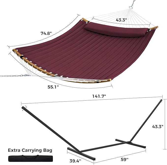 SUPERJARE Curved-Bar Hammock with Stand 2 Person Heavy Duty Hammock Frame Detachable Pillow &amp Portable Carrying Bag Perfect for Outdoor &amp Indoor Burgundy