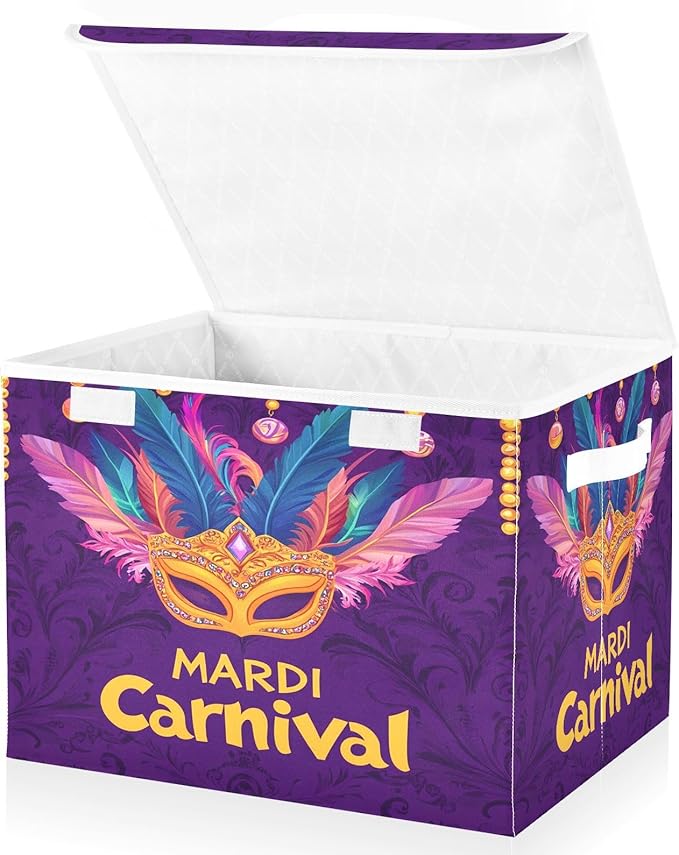 Storage Baskets with Lids Mardi Gras Carnival Mask Collapsible Bins Stackable Fabric Linen Baskets Closet Organizer Container 16.5x12.6x11.8