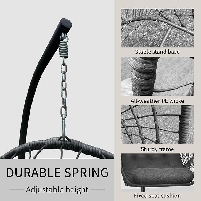Kingdura Hanging Egg Chair with Stand Indoor Outdoor Foldable Rattan Wicker Hammock Egg Swing Chair for Bedroom Porch Patio Garden Thickened Cushion 350LBS Capacity Heavy Duty Frame