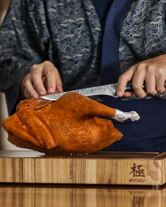 KYOKU Knife Set Shogun Gin Series 3pc Japanese Style Kitchen Knife Set for Cooking 7 Boning 12 Slicing 10 Scimitar Knife with Silver Ion Blade Sheath Gift Box Damascus Stainless Steel Knives