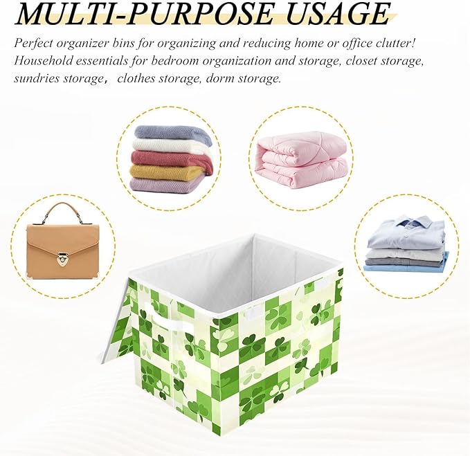 Clover Checkered Background Fabric Storage Bins with Lids and HandleFoldable Storage Bins with LidsCloset Organizers for Clothes Storage Room Organization Office Storage Chest Organizer