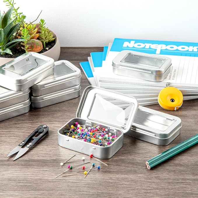 Restaurantware-RW Base 4.5 Ounce Rectangular Tin Containers 100 Durable Tin Boxes With Lids - Clear Window Lids Rounded Edges Silver Storage Containers Customizable Fits Mints Or Pills