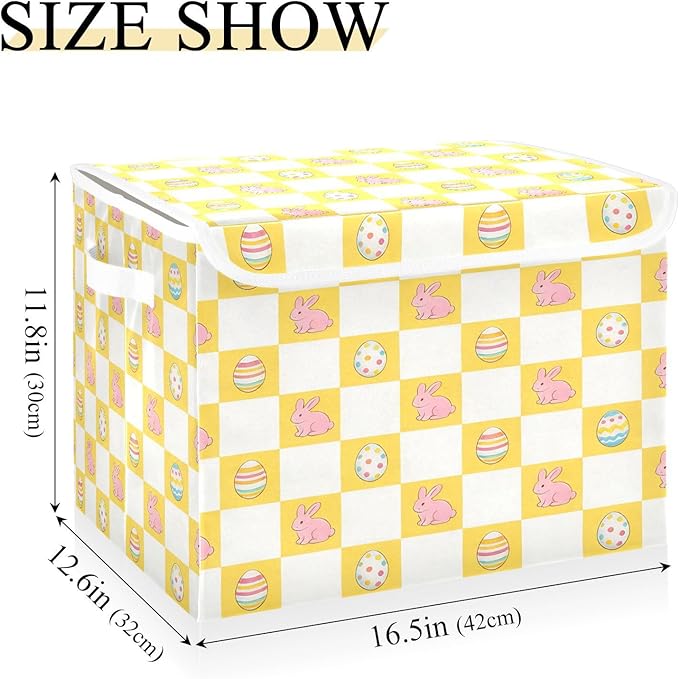 Storage Bins With Lid Stackable Fabric Closet Organizer Clothing Storage Large Boxes For Closet Shelves Bedroom Checkered Yellow Easter Bunny Eggs