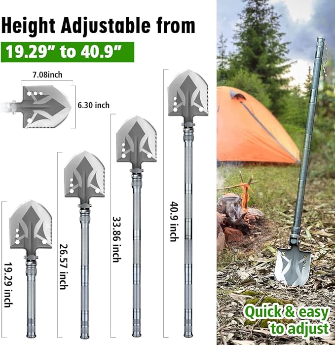 ZENHOSIT Multifunctional Folding Tactical Shovel Hatchet Combo - With Axe Flashlight Extension Handles - For Camping Cycling Hiking - 19.3-40.9 Inches
