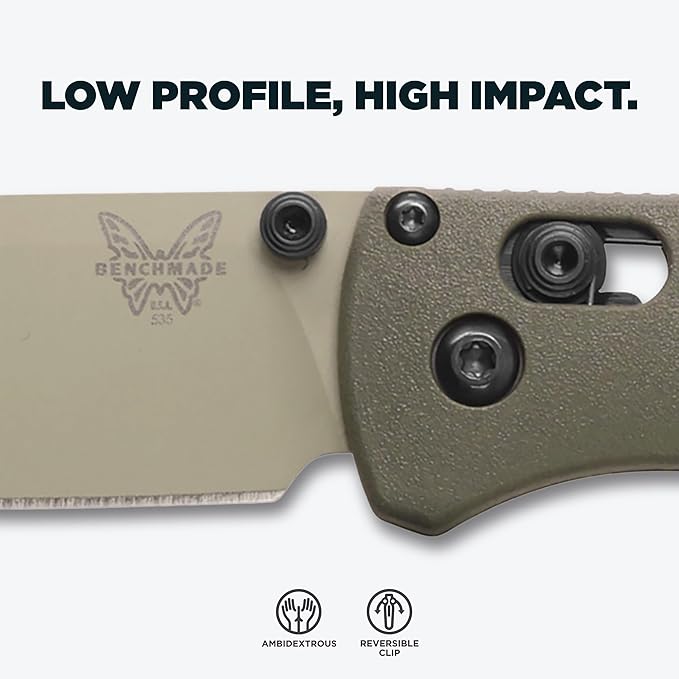Benchmade - Bugout Outdoor EDC Folding Knife Slim Lightweight Plain Edge Drop-Point Blade CPM-S30V Stainless Steel (58-60HRC) Grivory Handle (535TN-11)