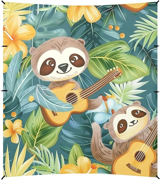 ALAZA Tropical Backdrop Sloth Playing Ukulele Cartoon Seamless Beach Tent Sun Shelter Portable Canopy Sunshade for Outdoor Camping Picnics Backyard Fun 10x9 ft