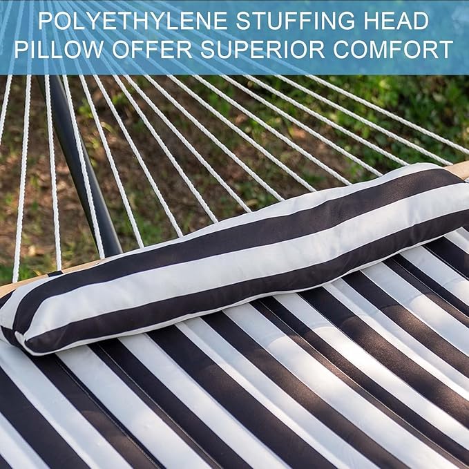 Lazy Daze Hammocks 12FT Quilted Fabric Double Hammock with Spreader Bars and Detachable Pillow 2-Person for Outside Patio Poolside Backyard Beach 450 lbs Capacity Black White