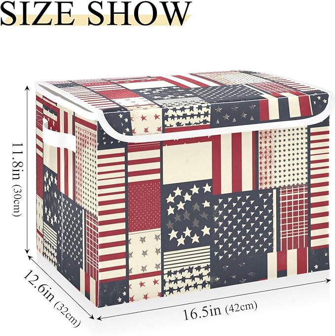 Collapsible Storage Bins with Lids Decorative Fabric Storage Cubes Closet Organizer and Storage Basket Boxes Containers for Clothes Box Chest Nursery Folding Rectangle July 4th Textile Flag