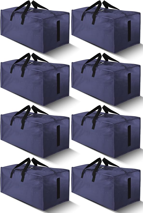 HOMESURE 8 Pack Large Strong Moving Bags with Zippers &amp Carrying Handles - Water-Resistant - Heavy Duty Storage Tote for Space Saving Fold Flat Alternative to Moving Box (Blue)