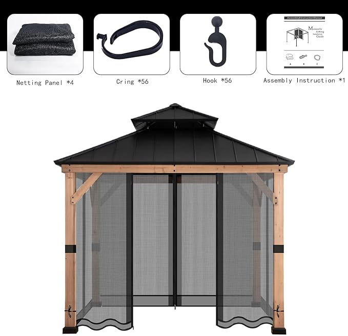 Gazebo Mosquito Netting Universal Replacement 4-Panel Sidewalls with Double Zippers for Patio Backyard Deck and Lawn 10x10 ft (Black 10 * 10ft)