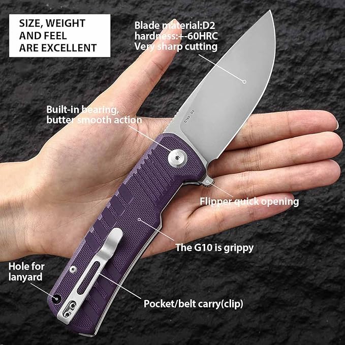Firebird Ganzo G769-PL EDC Folding Pocket Knife Razor Sharp D2 Stainless Steel Blade G10 Handle with Clip Outdoor Pocket Knife Hunting Fishing Hiking Folder Best Gift for Men (Purple)
