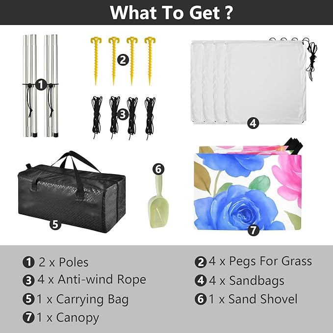Beach Canopy with Windproof Ropes &amp Sandbags Beach Tent Sun Shade Sun Shelter for Camping Trips Fishing Backyard Fun or Picnics Roses and Peonies