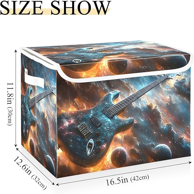 AIXIWAWA Lidded Storage Cube (Guitar in Space) Fabric Foldable Closet Bins with Flip Lid and Handles Organizer Basket Container 16.5 x 12.6 x 11.8 IN
