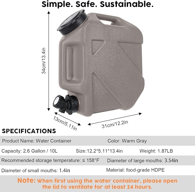 Digury 2.6 Gallon Water Jug Camping Water Container BPA Free Water Storage with Spigot No Leakage Portable Emergency Water Tank for Outdoor Hiking Camping Picnic Supplies Warm Gray