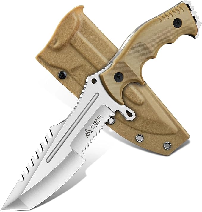 Freelander Outdoor Fixed Blade Knife Full Tang D2 Steel Survival Knife with Kydex Sheath Camping Bushcraft Knives with Ergonomic Handle