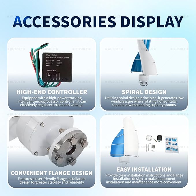 5000W Wind Turbine Generator Kit 12V Helical Magnetic Levitation Axis Vertical Wind Turbine Generator with Controller and 2 Blades blueandwhite-12V